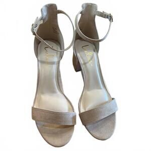 Lulus “Harper” size 8.5 ankle-strap block heel sandals, nude suede‎
